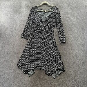 VTG Y2k Studio 1940 Babydoll Midi Dress Women Large Black Geometric‎ Asymmetric